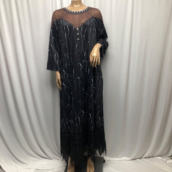Hekka Black Maxi Dress Sheer Mesh Neckline Lace Hem Witchy Whimsigoth NEW - Picture 1 of 7